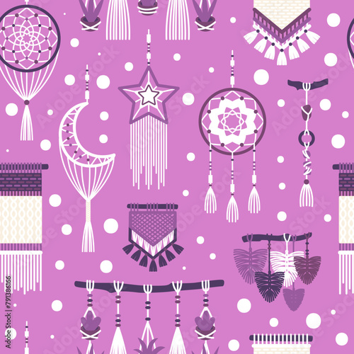 Dream catchers boho seamless pattern. Braided hanging ornaments for home, hanging macrame elements, cozy room. Decor textile, wrapping paper, wallpaper. Print for fabric tidy vector background