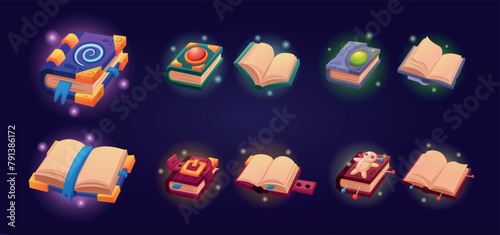 Opened and closed magic books. Witchcraft, cartoon wizard diary with ancient knowledge. Mystical fantasy book, games nowaday vector elements