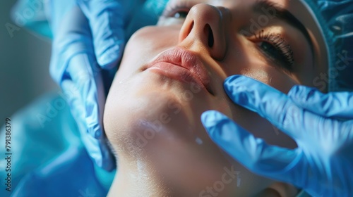 patient undergoing genioplasty surgery to correct a receding chin, with the surgeon reshaping the chin bone for improved facial balance and harmony. photo