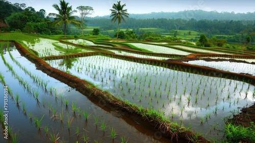 peaceful countryside landscape with terraced rice paddies glistening with rainwater, reflecting the bounty of the rainy season harvest.