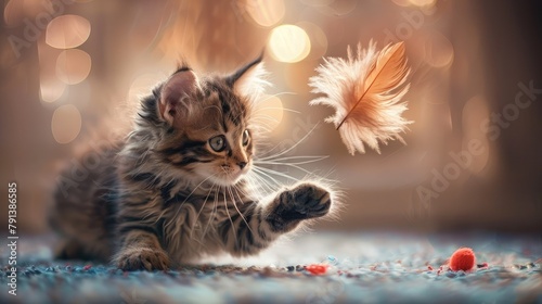 playful kitten batting at a feather toy, its eyes gleaming with curiosity and mischief in a delightful game of play.