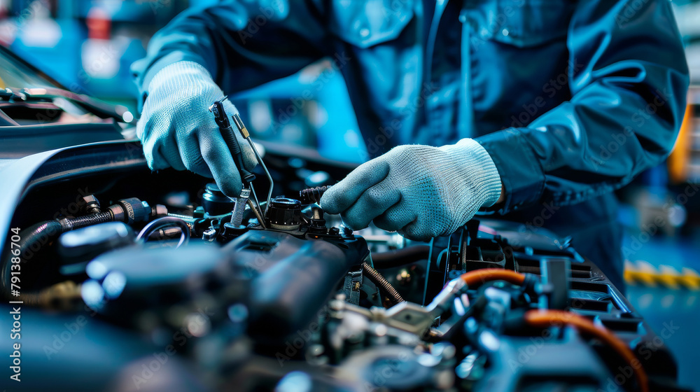Mechanic or technician checking and working on a car engine Mechanic or technician checking and working on a car engine