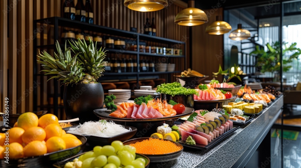 Sleek Japanese buffet with a variety of dishes under soft, ambient lighting, highlighting fresh seafood and tropical fruits, serene setting