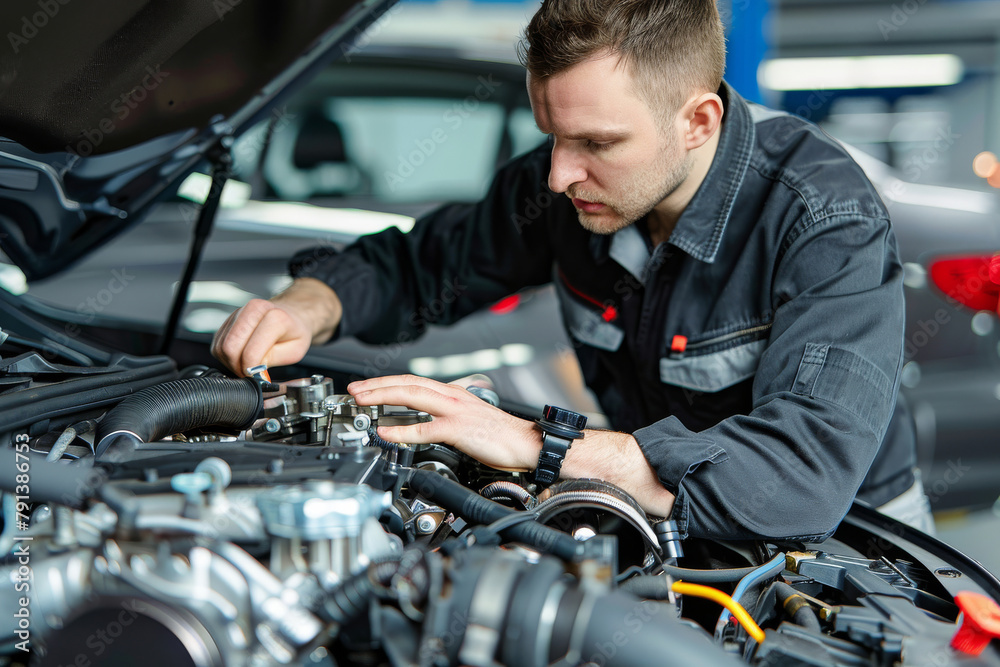 Mechanic or technician checking and working on a car engine