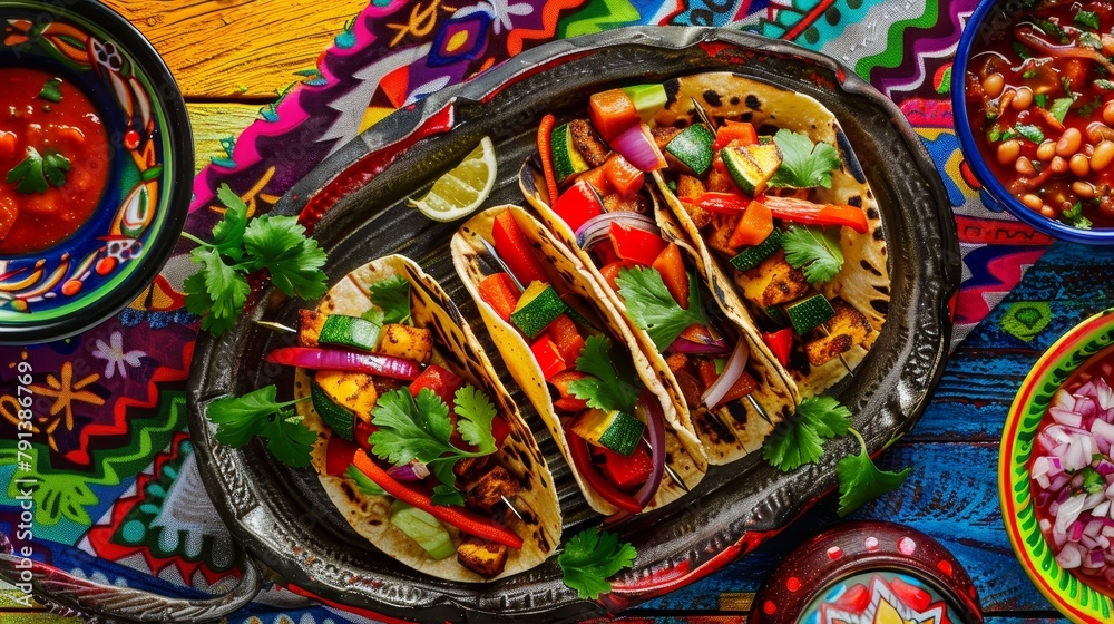 Sizzling taco platter with grilled vegetables and spicy sauce, garnished with cilantro, set against a vibrant Mexican-themed backdrop