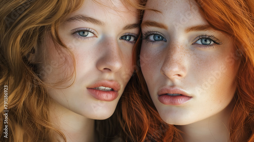 Two women with strikingly beautiful eyes and wavy red hair.