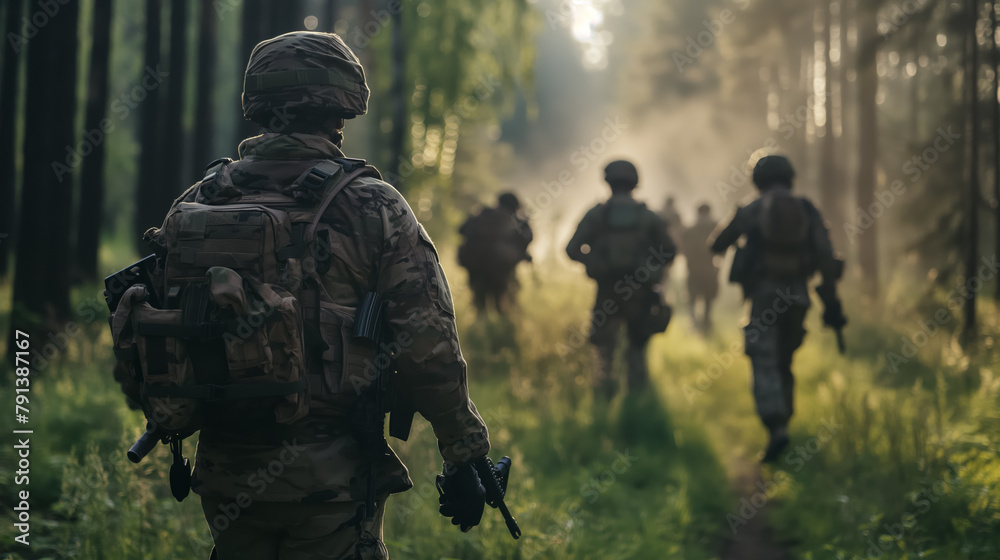 Line of soldiers in camouflage gear marches through a misty forest, a scene of military exercise and readiness. Line of soldiers in camouflage gear marches through a misty forest, a scene of military exercise and readiness.