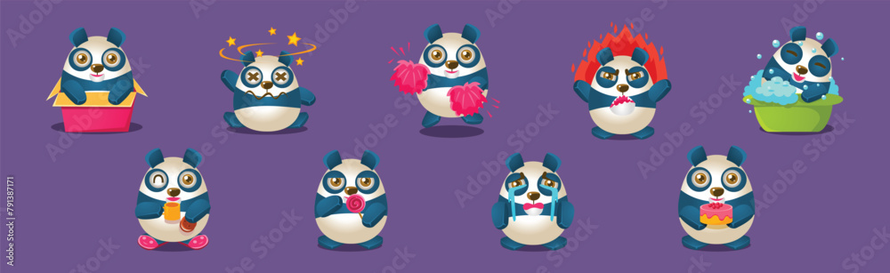 Cute Panda Baby Bear Character in Different Activity Vector Set Cute Panda Baby Bear Character in Different Activity Vector Set