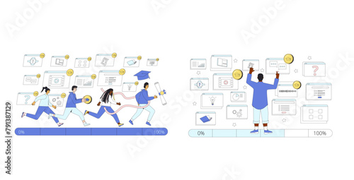 Gamification education concepts set. Online learning multimedia. Vector illustration collection isolated on white background.