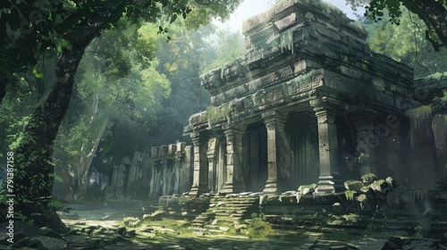Sunlight filtering through the canopy of trees, casting dappled shadows on the ancient ruins of a temple, a testament to the passage of time.