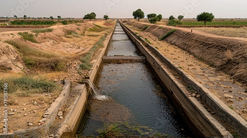 Agricultural waterway dried up due to prolonged drought, causing water shortage and impacting crops.