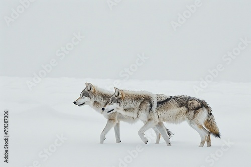 Two wolves walking in the snow, Canis lupus signatus photo