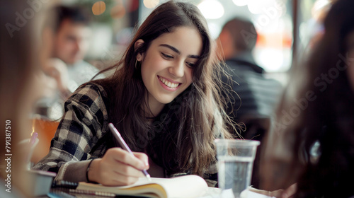 Young woman writing in notebook while sitting at table in cafe with friends. AI.