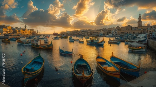 Panoramic view of a bustling harbor, concrete jetties filled with colorful boats, sunset casting golden hues across the scene