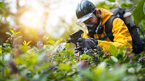 A farmer spraying pesticides and herbicides on a blueberry farm in the spring.