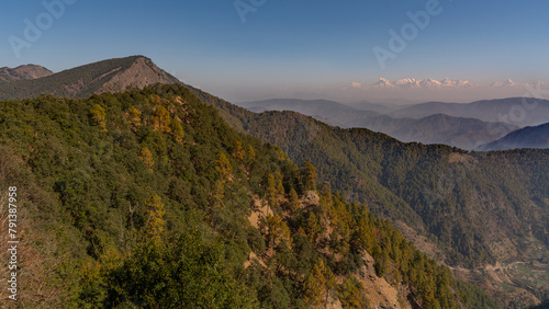 Mounts Chaukhamba and Bandarpunch, Himalaya, panoramic view of Indian Himalayas mountains, great Himalayan range, Uttarakhand India, view from Mussoorie road, Gangotri range