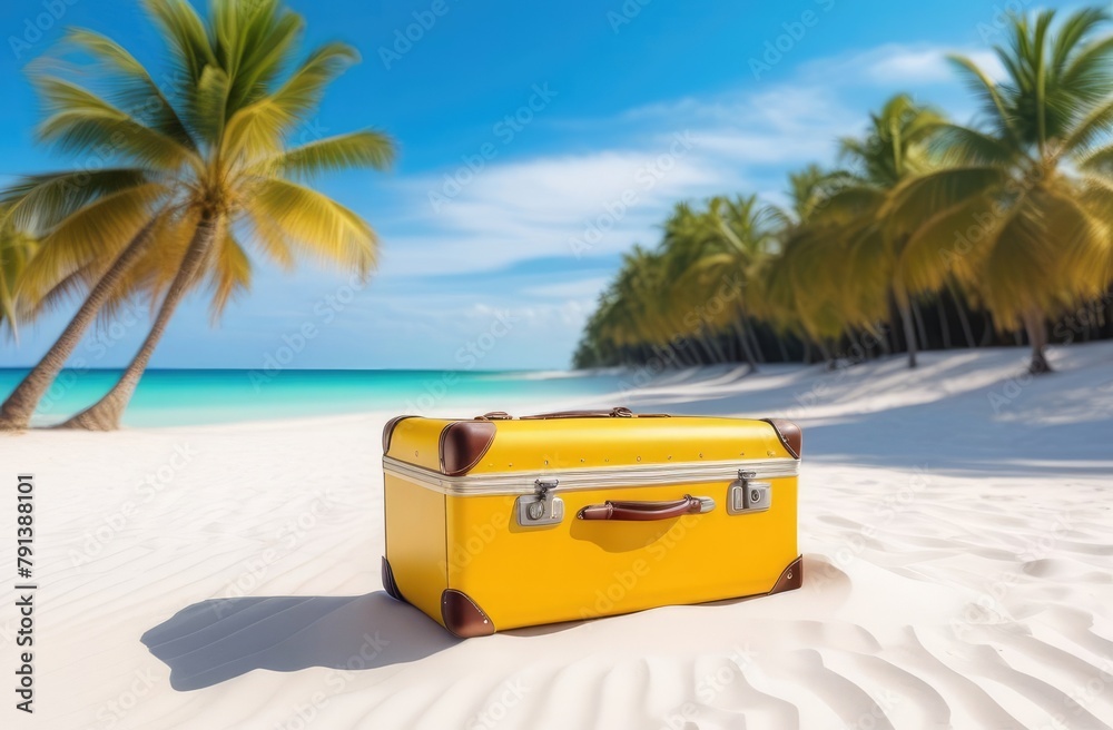 suitcase under palm tree on sunny beach. summer vacation concept. travel background suitcase under palm tree on sunny beach. summer vacation concept. travel background