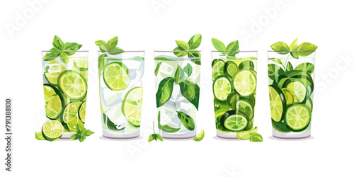 cold drink basil cucumber lime vector flat isolated illustratio