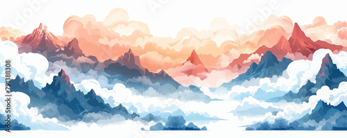 Collection of hand drawn clouds and mountains. Chinese and Japanese mountains shapes Flat cartoon illustration isolated on white background. vector simple illustration