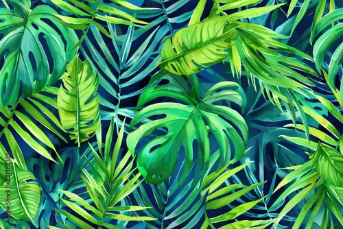 Seamless pattern of watercolor tropical palm leaves in bright green and blue. © Thi