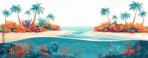 An idyllic island paradise with palm-fringed beaches, turquoise waters, and colorful coral reefs teeming with marine life. Vector flat minimalistic isolated illustration.