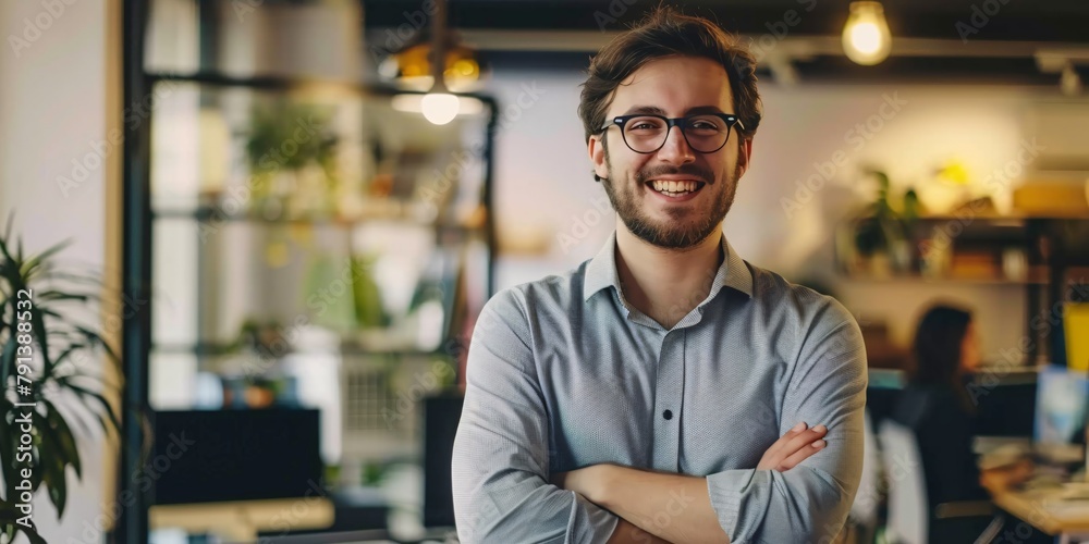 Joyful businessman with folded arms in office setting.