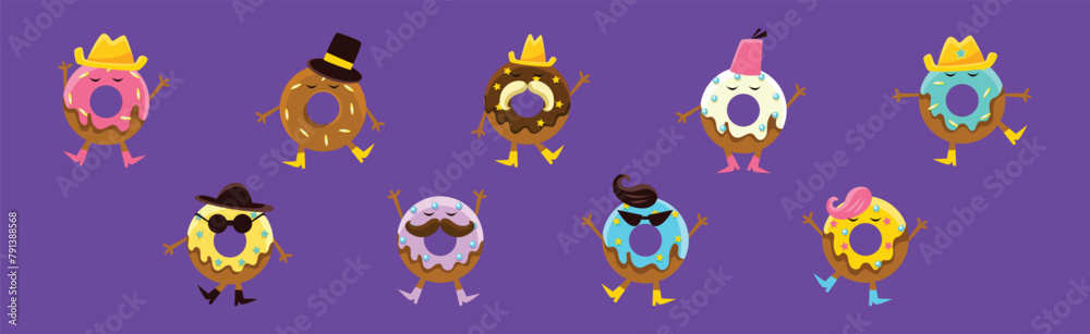 Funny Donut Dessert Character with Smiling Face Vector Set Funny Donut Dessert Character with Smiling Face Vector Set