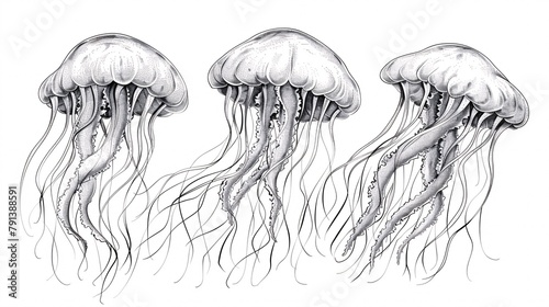 Hand-drawn image of a jellyfish on a plain background in an outline format. Depiction of a marine creature. Engraving of oceanic fish using black ink for an emblem or symbol. Simple sketch.