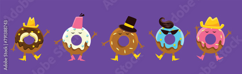 Funny Donut Dessert Character with Smiling Face Vector Set