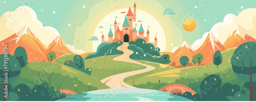 A dreamy fairy-tale castle perched atop a hill, surrounded by lush greenery and a meandering river. Vector flat minimalistic isolated illustration