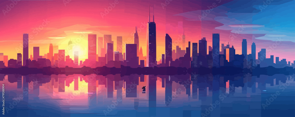 A dreamy city skyline with towering skyscrapers and colorful sunset hues painting the sky. Vector flat minimalistic isolated illustration.