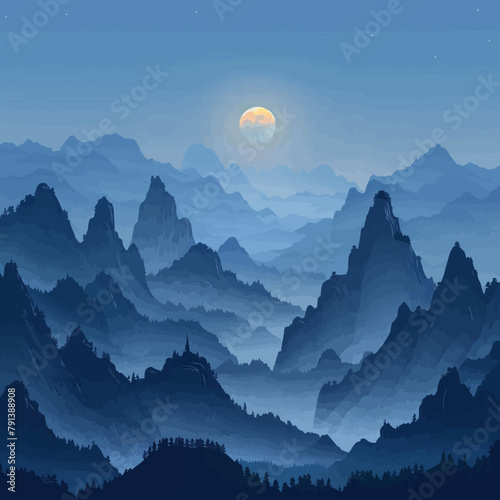 Mountains shrouded in mystical mists, glowing in the moonlight. Digital art style vector flat minimalistic isolated illustration.