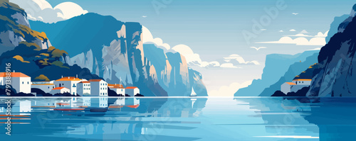 A serene coastal inlet with towering cliffs and a peaceful fishing village nestled along the shoreline. Vector flat minimalistic isolated illustration photo