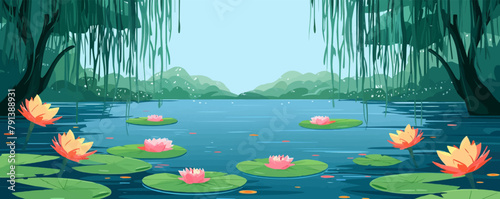 A tranquil pond surrounded by weeping willow trees and colorful water lilies. Vector flat minimalistic isolated illustration photo