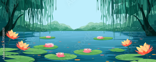A tranquil pond surrounded by weeping willow trees and colorful water lilies. Vector flat minimalistic isolated illustration