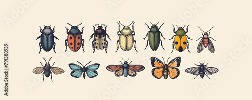 Set of insects in color drawn in doodle style.Hand made. vector simple illustration