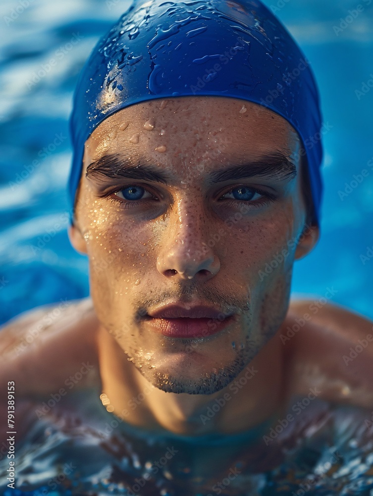 Well-built young male wearing a blue hat in a pool.