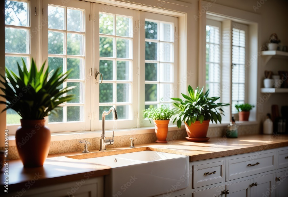 a blissful summer morning, illuminating a kitchen oasis adorned with white interior plantation shutters a blissful summer morning, illuminating a kitchen oasis adorned with white interior plantation shutters