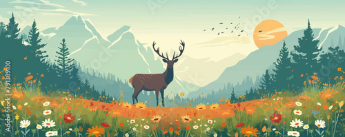A deer is standing in a field of flowers with a mountain in the background