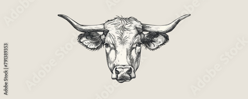 A cow with horns is the main focus of the image