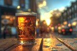 Glass of beer on a wooden table in the city at sunset
