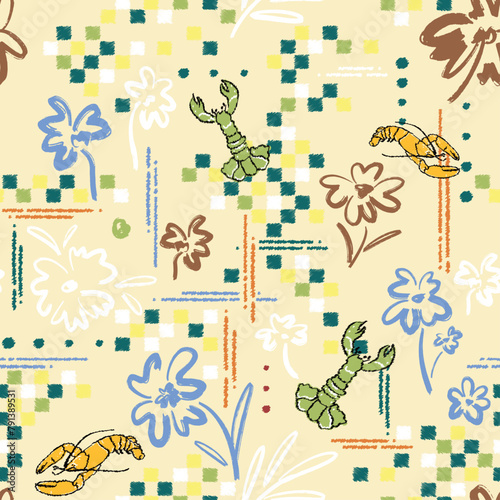 Beautiful Line Hand Draw Doodle Flower With Sea-Life Animal Lobster illustration Vector Seamless Pattern, Funny Natural Background Wallpaper