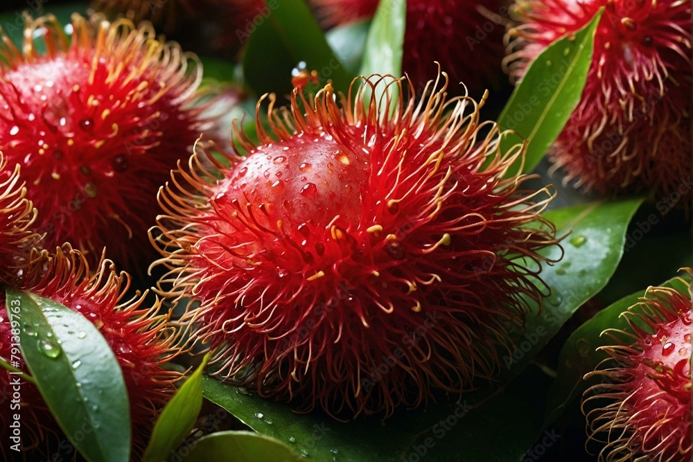 Wet rambutan fruits with their vivid red and spiky exterior cling closely together, their fresh dew drops highlighting the succulence Wet rambutan fruits with their vivid red and spiky exterior cling closely together, their fresh dew drops highlighting the succulence