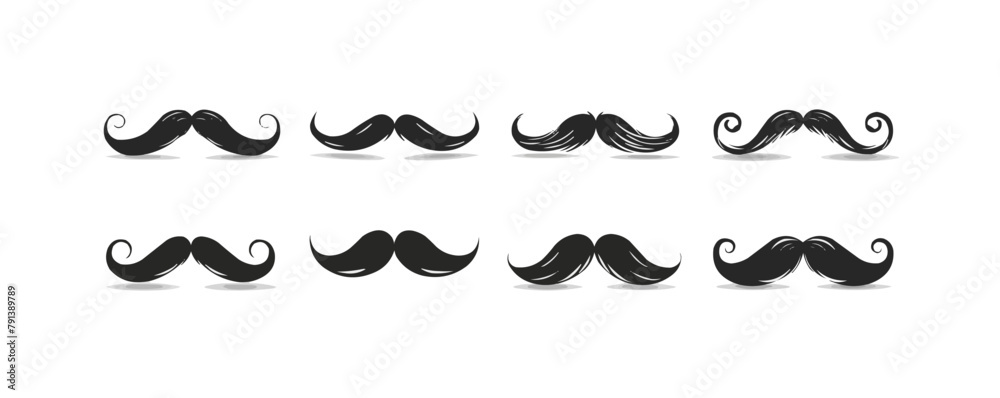 Set of black mustache icons on white background hand drawn. vector simple illustration