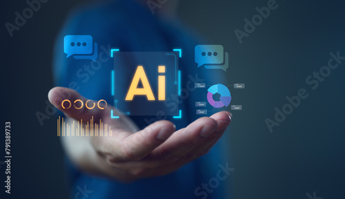 Ai tech, businessman show virtual graphic Global Internet connect AI Chatbot, Artificial Intelligence. Using command prompt for generates something, Futuristic technology transformation.