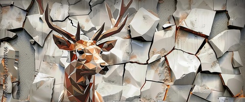 3d interior mural painting wall art decor wallpaper for home living room. 3d modern stereo deer animal with abstract geometric crack stone wall. Generative AI photo