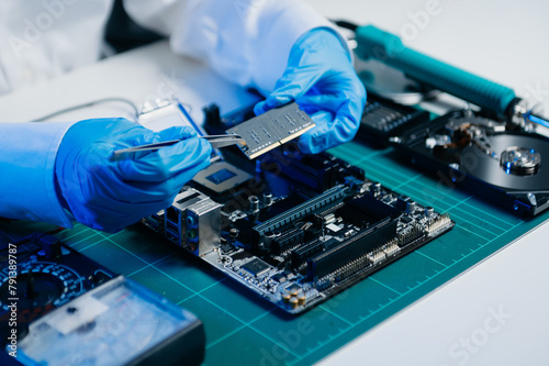 Electronics technician, electronic engineering electronic repair, electronics measuring and testing, repair and maintenance concepts.uses a voltage meter