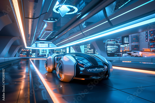 illustrating innovative technologies and the future, such as artificial intelligence in education and medicine, smart home gadgets, electric cars and autonomous vehicles. 