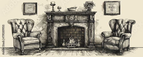 Vintage old fireplace sketch hand drawn engraved style. vector simple illustration