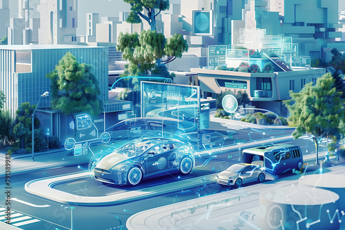 illustrating innovative technologies and the future, such as artificial intelligence in education and medicine, smart home gadgets, electric cars and autonomous vehicles. 
